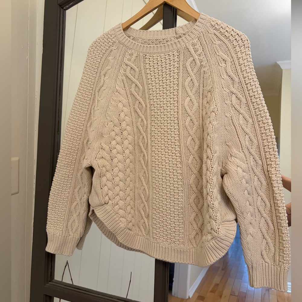 100% Cotton Cable Knit Sweater Cream Tan Neutral
